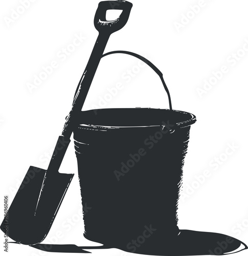 Black silhouette of a bucket with a shovel leaning against it on a white background