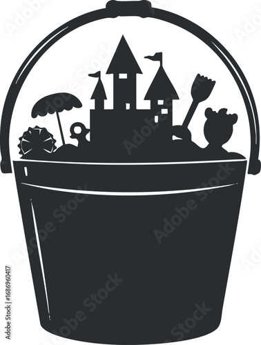 Silhouette of a bucket filled with a sandcastle and beach toys including an umbrella and shovel for children