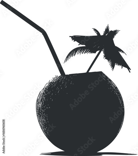 Silhouette of a coconut drink with a straw and decorative umbrella symbolizing tropical refreshment