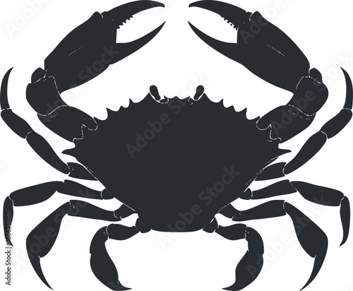 Silhouette of a crab with claws raised isolated on white background showing detailed marine crustacean