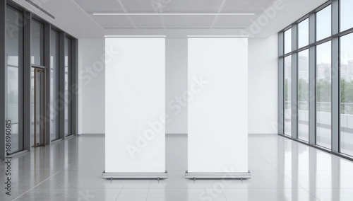 Wallpaper Mural Empty three rollup banners stand. Blank template mockups. Exhibition stand 3 roll-up banners, screen for you design. Vertical white roll up for preview Torontodigital.ca