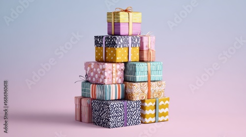 A colorful tower of stacked gift boxes, each with different wrapping patterns and ribbons, playful and joyful presentation