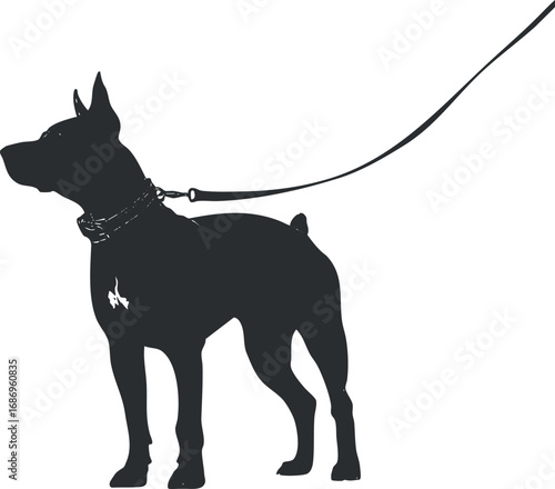 Silhouette of a dog on a leash standing alert with a collar, suitable for pet walking and care themes.