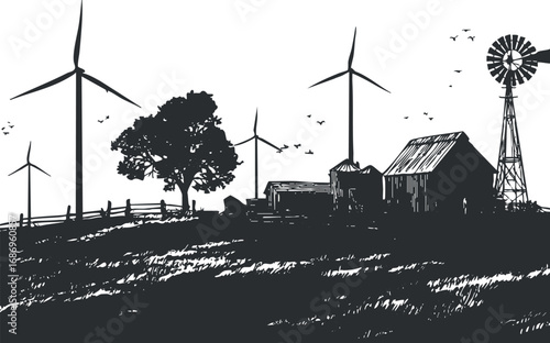 Silhouette of a rural farm with wind turbines and a traditional windmill generating renewable energy in the countryside