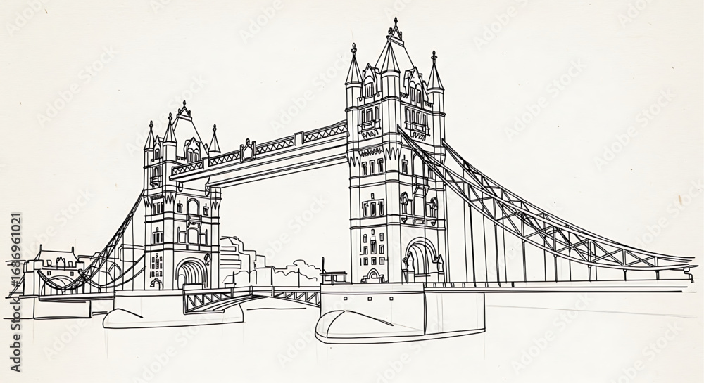 Obraz premium Artistic continuous line drawing of London's famous Tower Bridge over the River Thames. A celebrated symbol of England's capital city.