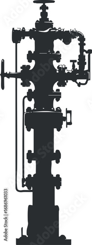 Silhouette of an industrial oil wellhead with valves and pipes for controlling flow and pressure