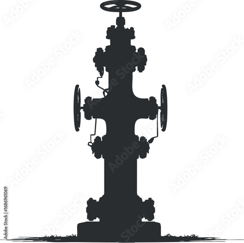 Silhouette of a fire hydrant with valves and handles standing on grass in black and white