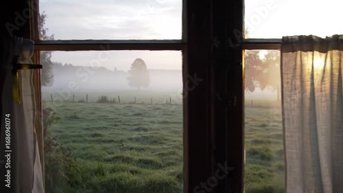 Morning fog over green fields viewed through a wooden window  