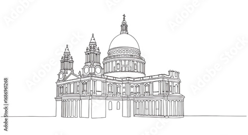 Continuous line art of St. Paul's Cathedral in London, England. An iconic Anglican cathedral with a world-famous dome on Ludgate Hill.