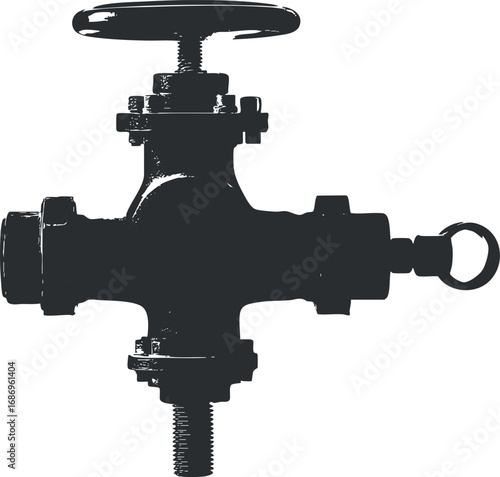 Black silhouette of an industrial metal valve used for controlling fluid flow in pipes or machinery