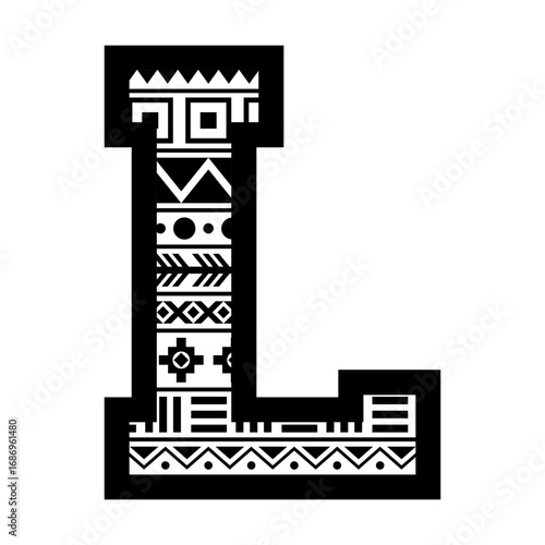 Letter L with aztec tribal ethnic motif svg cut file. Isolated vector illustration.