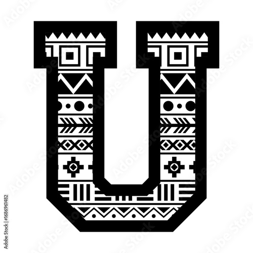 Letter U with aztec tribal ethnic motif svg cut file. Isolated vector illustration.