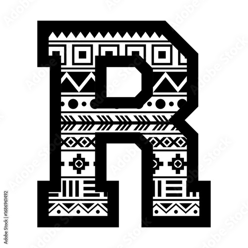 Letter R with aztec tribal ethnic motif svg cut file. Isolated vector illustration.
