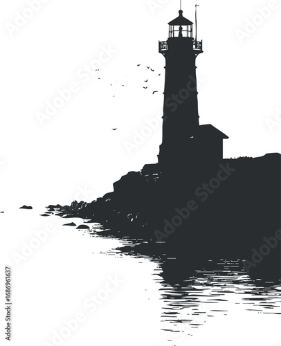 Silhouette of a lighthouse on rocky coast with birds flying and water reflection at dusk