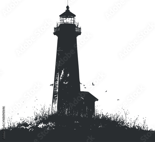 Silhouette of an old lighthouse on a grassy hill with birds flying around on white background