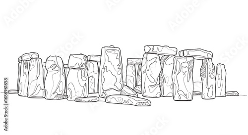 Minimalist one-line drawing of Stonehenge in Wiltshire, England. A famous prehistoric monument and a mysterious ring of standing stones.
