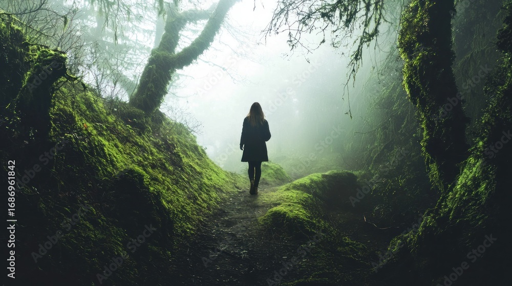 Fototapeta premium Woman hiking misty forest