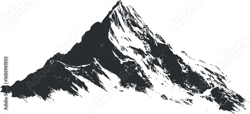 Black and white illustration of a mountain peak with rugged terrain and sharp ridges