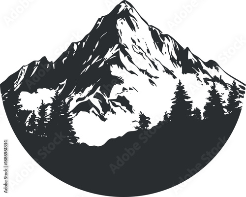 Black and white silhouette illustration of a mountain peak with surrounding forest and natural landscape.