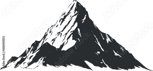 Black and white illustration of a high mountain peak with steep rocky slopes and sharp ridges