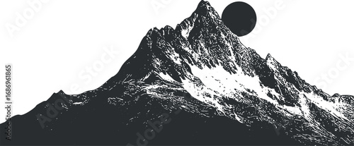 Black and white illustration of a mountain peak with a sun silhouette in the background