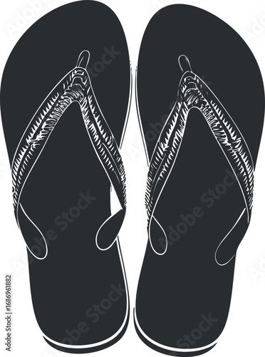 Black flipflops with textured straps shown from above isolated on white background