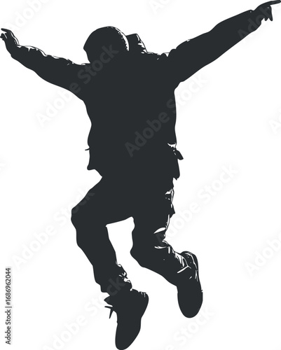 Silhouette of a person jumping with arms outstretched in dynamic energetic pose isolated on white background.