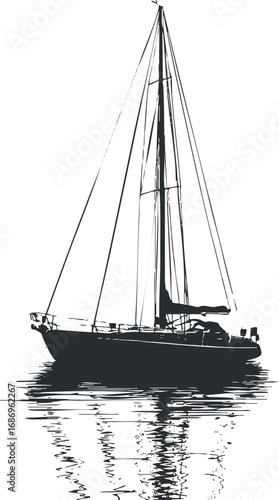 Black and white silhouette of a sailboat with tall mast reflected in calm water on a white background