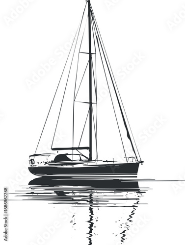 Black and white illustration of a sailboat with mast reflected on calm water surface