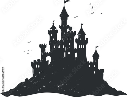 Silhouette of a medieval castle with towers and flags on a hilltop surrounded by flying birds