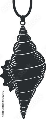 Black and white illustration of a spiral seashell necklace pendant on a white background