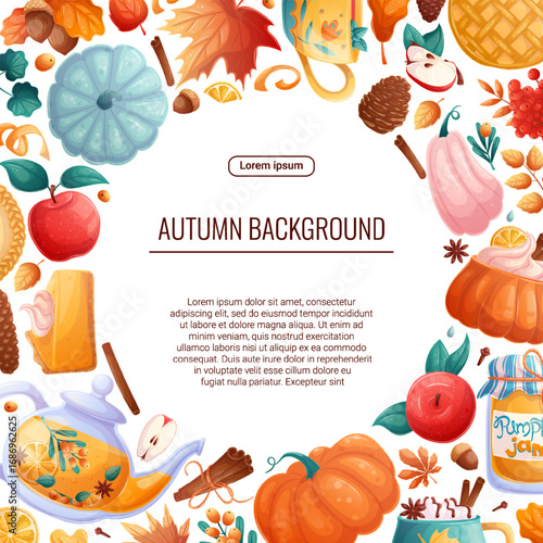 Bright background with autumn elements. Square frame with autumn leaves, drinks and food for poster, flyer, postcard and invitations to autumn parties. Vector illustration
