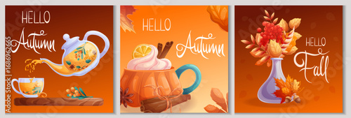 A set of square autumn postcards. A vase with autumn leaves, a cup of autumn drink, sea buckthorn tea. Hello autumn. Vector illustration for seasonal design of postcards, banners, posters