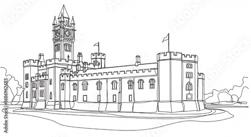 Line art illustration of the Tower of London, a historic castle on the north bank of the River Thames. A famous and iconic London landmark.