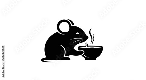 Minimalist black silhouette of a mouse sipping a hot drink from a bowl.