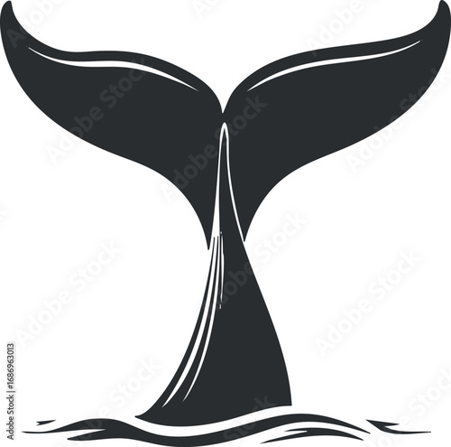 Black silhouette of whale tail fluke emerging from ocean water with waves and splash