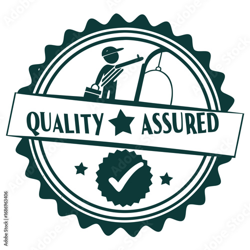 Quality assured badge with worker and check mark design 
