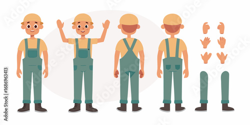 Cartoon construction worker character kit with front and back views and interchangeable parts