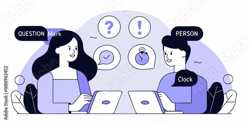 Two people working on laptops with icons representing questions answers and time management