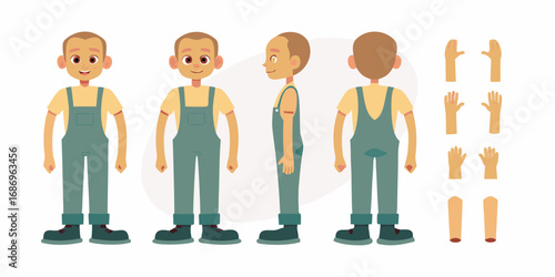 Cartoon character in overalls and t shirt shown from front side and back with separate hand and leg elements for animation