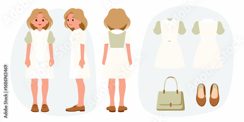 Young woman character design in a white dress with matching accessories and outfit views