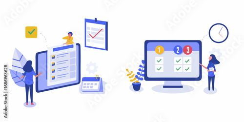 Modern flat illustration of people managing tasks and schedules on digital devices and calendars