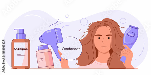 Woman with long brown hair holding a hairdryer and conditioner bottle for hair care routine