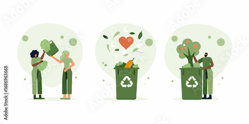 People composting organic waste to grow a healthy tree and promote environmental care