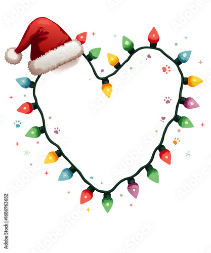 Festive heart shaped christmas lights garland with santa hat and paw prints isolated on transparent background