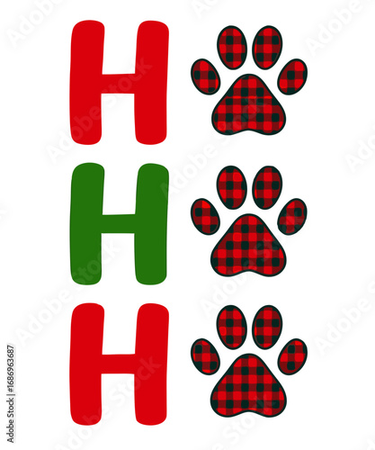 Three ho ho ho letters with red and green buffalo plaid paw prints isolated on transparent background
