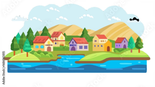 Cartoon village landscape illustration with houses trees mountains and river scenic view for graphic design