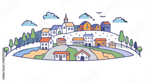 Illustration of a charming village landscape with houses, trees, clouds, and birds on a hillside drawing