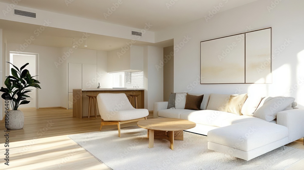 Fototapeta premium Bright and spacious living room showcases a modern minimalist design aesthetic seamlessly