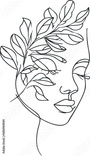 Minimalist line art drawing of a woman's face blended with leaves and botanical elements in profile.